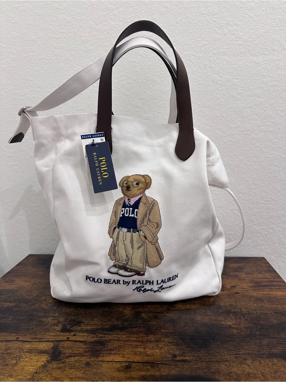 Polo Ralph Lauren White COLLEGIATE BEAR Canvas Embroidered SHOPPER Tote Bag NWT